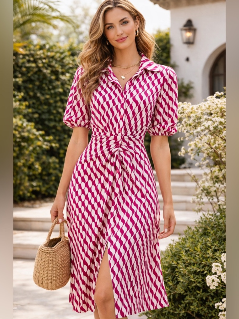 Pink & White Wave Print Button Front Midi Dress | Collared | Cinched Waist | S/M